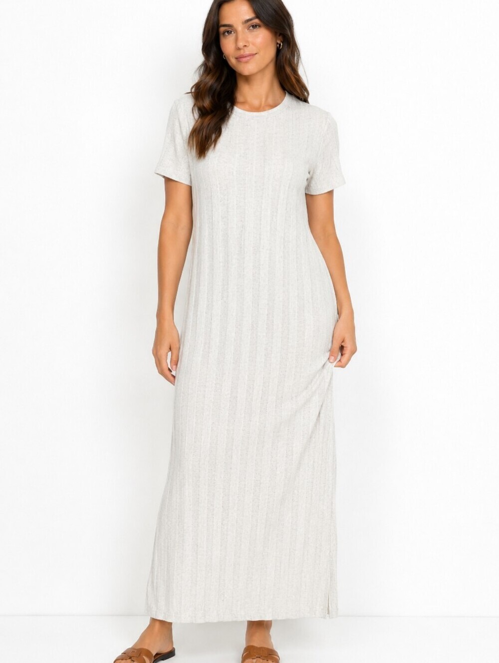 H&M NWT Women's Ribbed Maxi Dress Short Sleeve Cream Color Size Small Bohemian